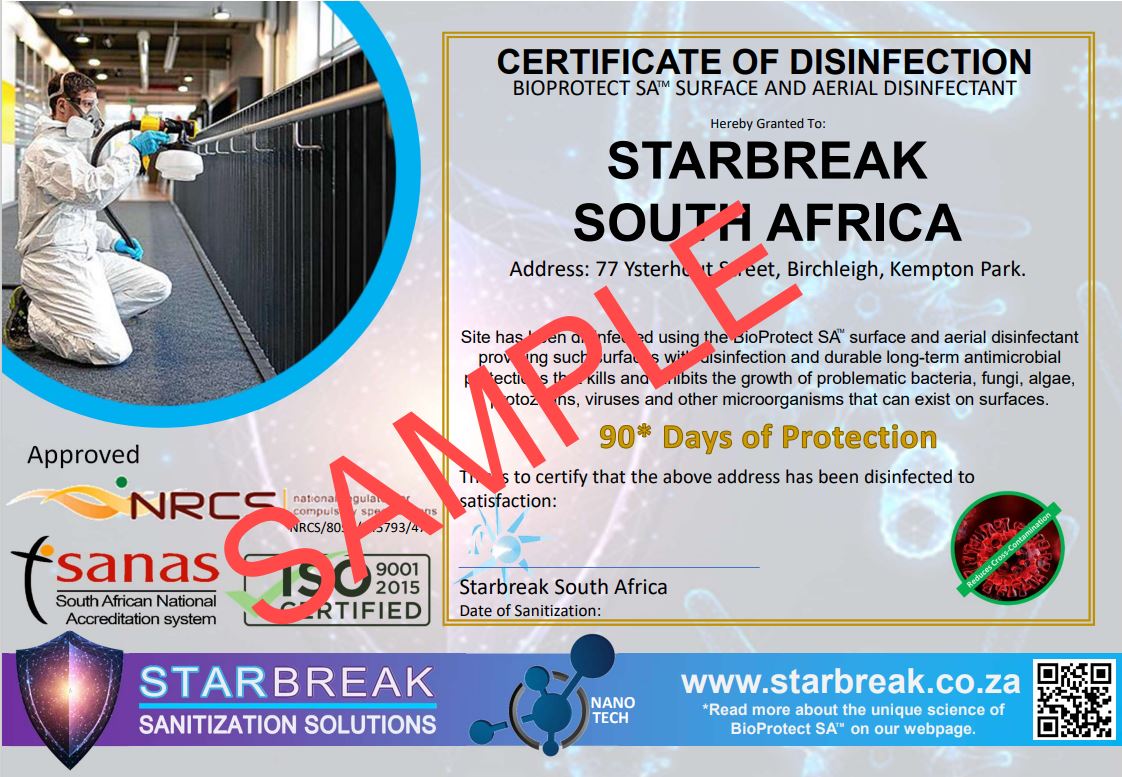 Starbreak Disinfection Certificate